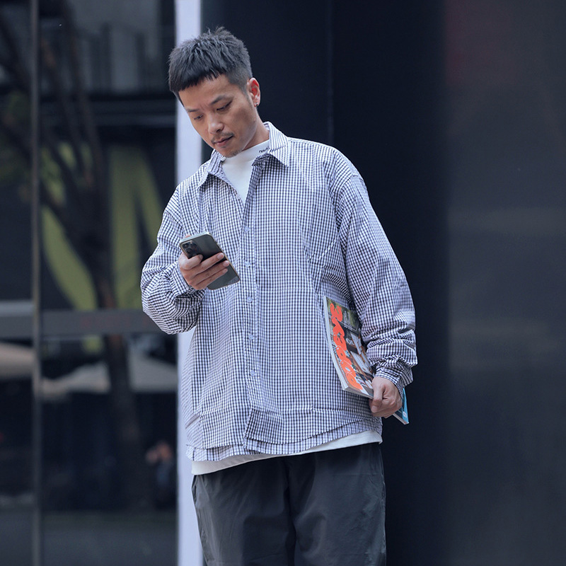 假两件拼接格子衬衫大码cleanfit