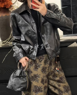 袁泉同款2025新款进口冷翠油蜡皮真皮皮衣女短款宽松夹克外套上衣