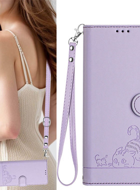 oppoReno9Pro手机壳翻盖Reno5z/6z7z/8z电话套A2/A3X/A5Pro防摔Reno11/12F/13/14Pro外壳软皮套挂绳简约小猫