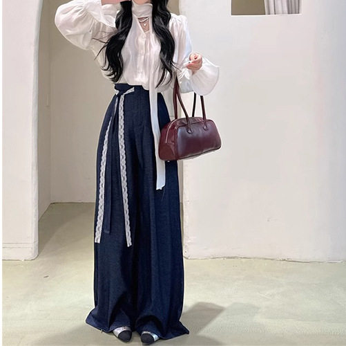 法式白色飘带V领喇叭袖衬衫女春季蕾丝系带藏蓝色休闲阔腿裤套装