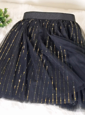 亮闪闪星空网纱短裙秋冬小个子仙女蛋糕纱裙黑色亮片蓬蓬半身裙子