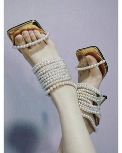 露趾细跟珍珠凉鞋 方头一字带超高跟仙女网红同款 女 法式 2025夏新款