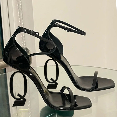 乐慧美字母细跟羊皮简约凉鞋方头