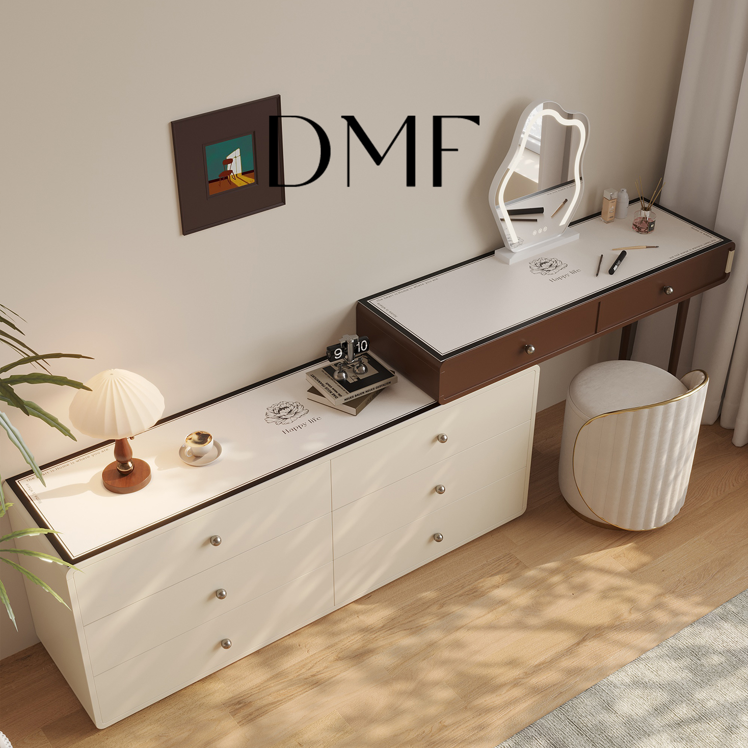 DMF奶油风梳妆台斗柜一体化妆桌垫氛围感卧室免洗防污皮革保护垫