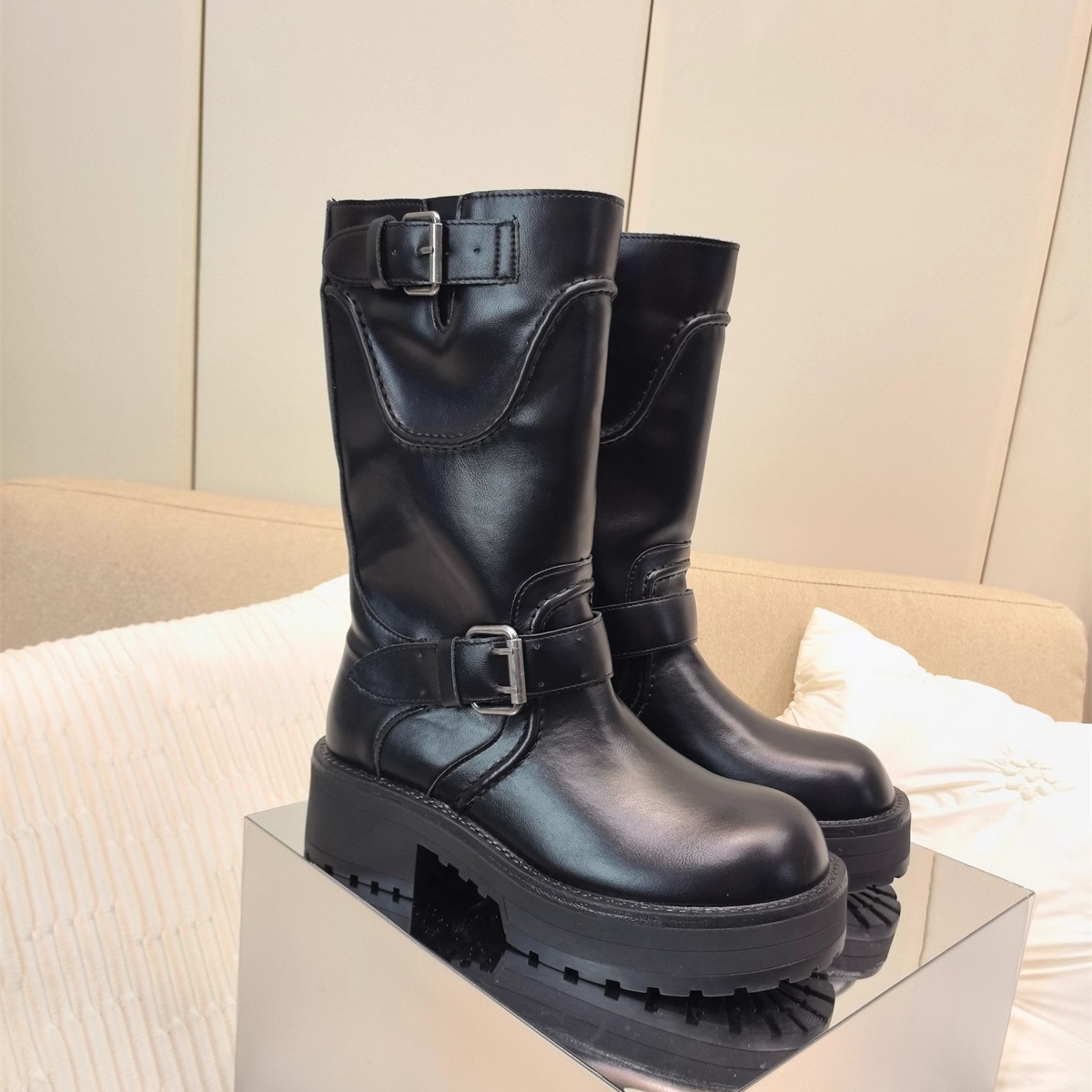 欧美法式巴黎牛皮方扣暗黑厚底粗跟增高中跟套筒中筒马丁靴机车靴