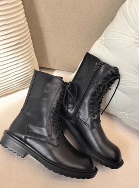 25欧美秋冬ANN英伦暗黑风牛皮系带矮跟中筒圆头马丁靴机车靴子女