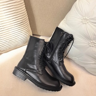 25欧美秋冬ANN英伦暗黑风牛皮系带矮跟中筒圆头马丁靴机车靴子女