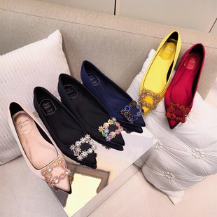 欧美法式R皇室风经典重工尖头水晶钻方扣丝绸缎平底高跟婚鞋单鞋