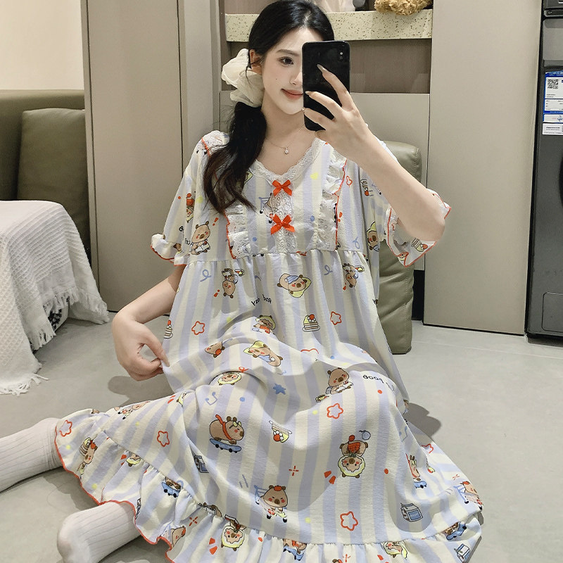 加大码睡裙女夏天卡通学生胖mm200斤长款宽公主连衣裙孕妇睡衣薄图片