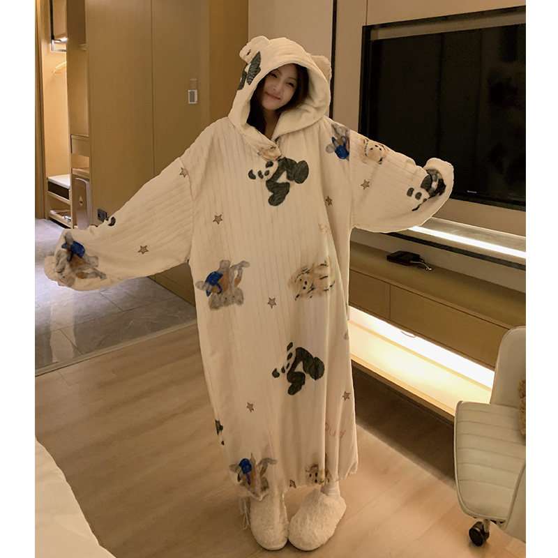 长款法兰绒睡裙女秋冬季卡通熊猫加大码300斤休闲珊瑚绒睡袍孕妇