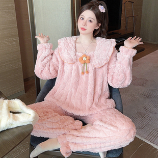 公主风睡衣女款 200斤甜美学生法兰绒家居服 秋冬季 珊瑚绒加厚大码
