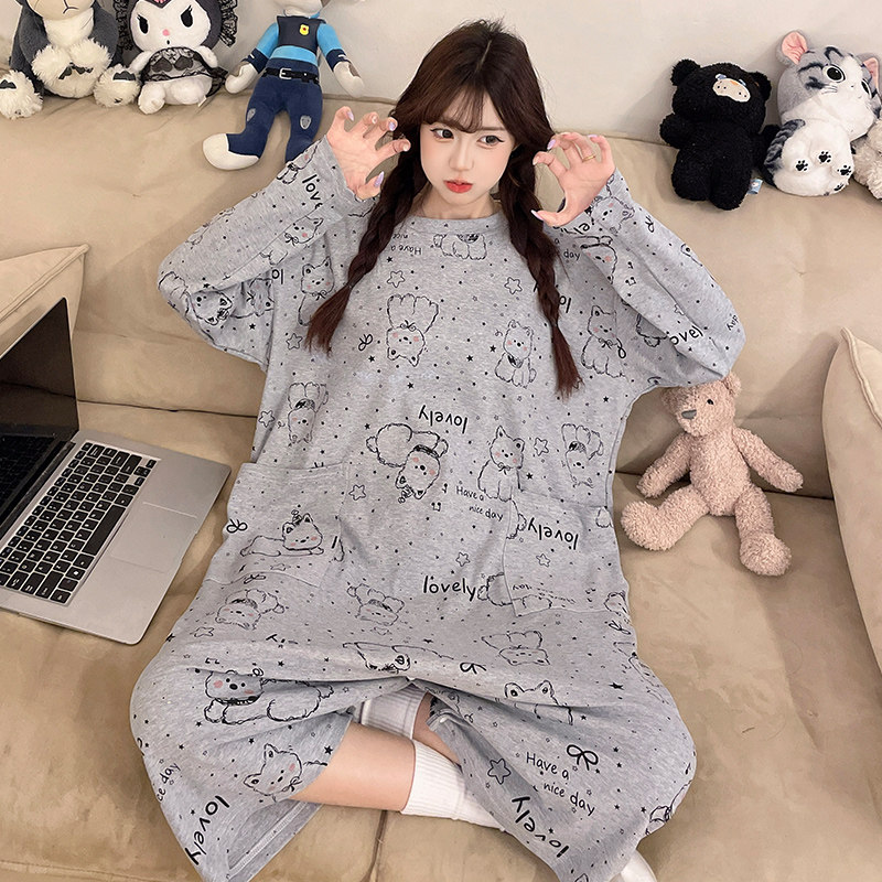 春秋季纯棉长袖连体睡衣女可爱卡通睡裙大码200斤宽松裤裙家居服