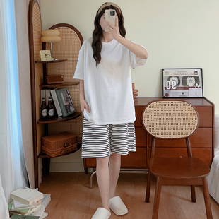 男家居服 纯棉睡衣女夏季 短袖 大码 200斤简约休闲可外穿白T恤条纹裤