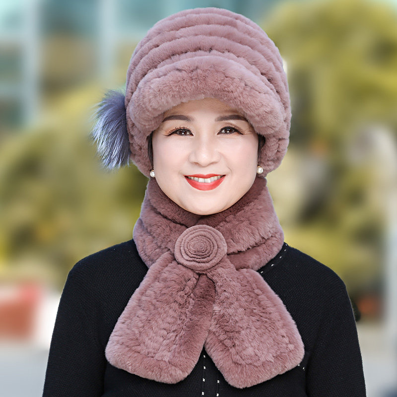 中老年人皮草帽子女冬季加厚编织獭兔毛奶奶帽保暖鸭舌帽妈妈围巾