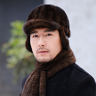 水貂毛帽子男士新款冬季加厚保暖皮草帽子护耳鸭舌帽冬天貂皮帽子