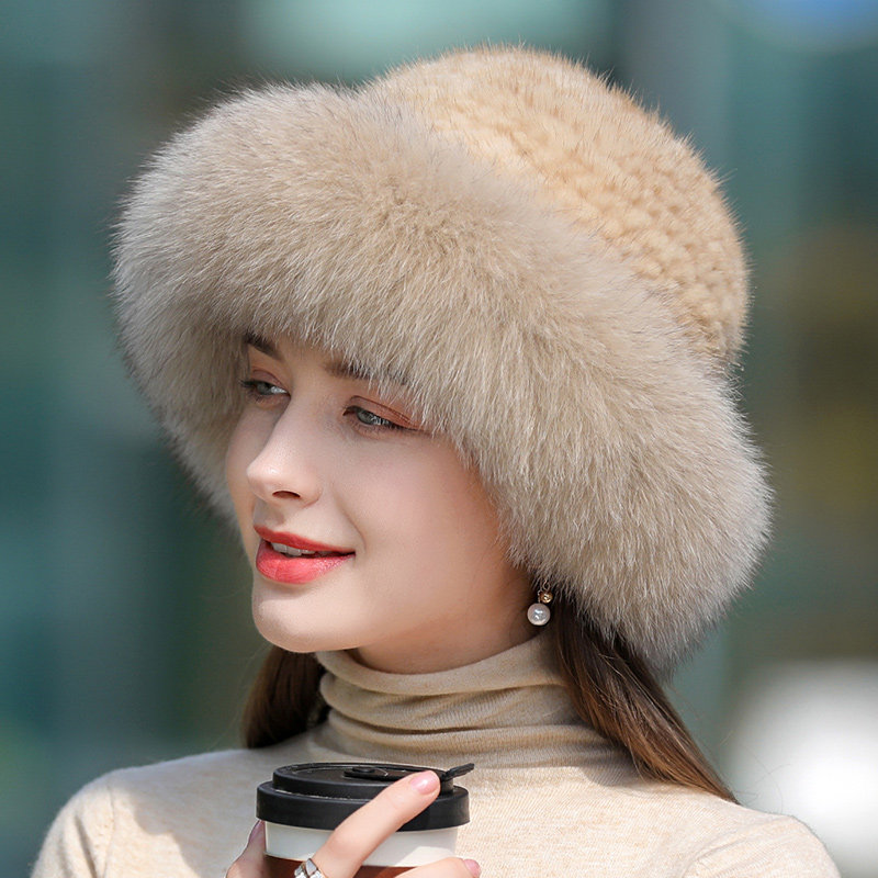 水貂毛帽子冬季新款保暖皮草礼帽女冬天狐狸毛帽子编织裘皮帽优雅