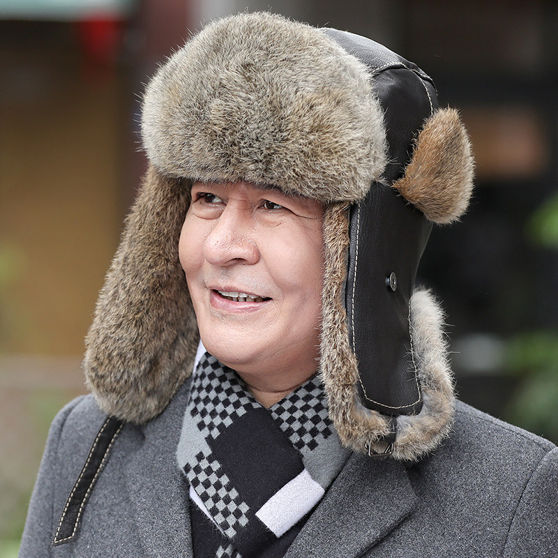 兔毛雷锋帽子男士冬季中老年真皮羊皮保暖护耳皮草帽子东北滑雪帽