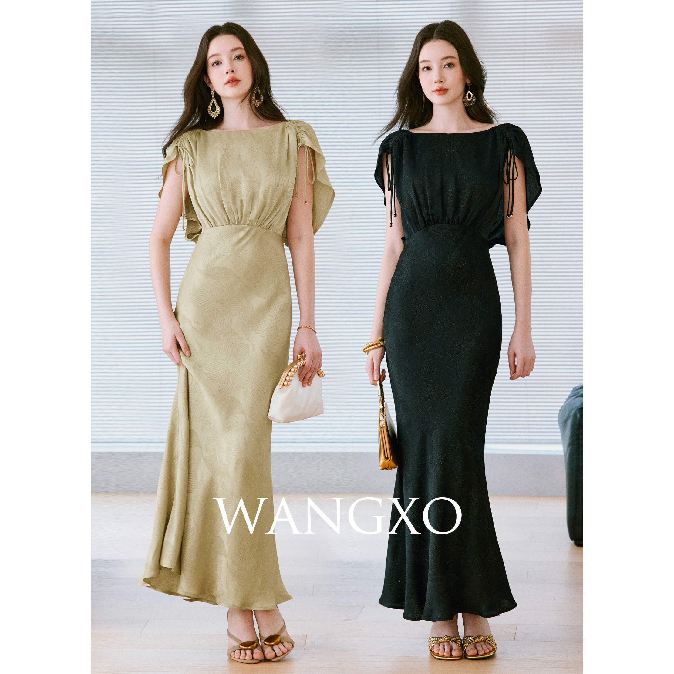 WANGXO|温柔鎏金|金丝提花小方领披肩袖细闪氛围感收腰鱼尾连衣裙
