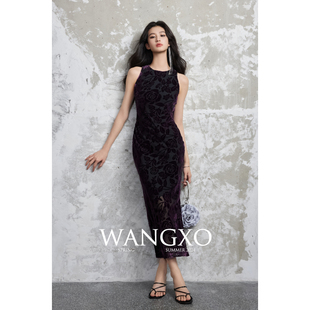 WANGXO｜高定礼服斜裁工艺曲线天成｜削肩挂脖立体网纱烧花连衣裙