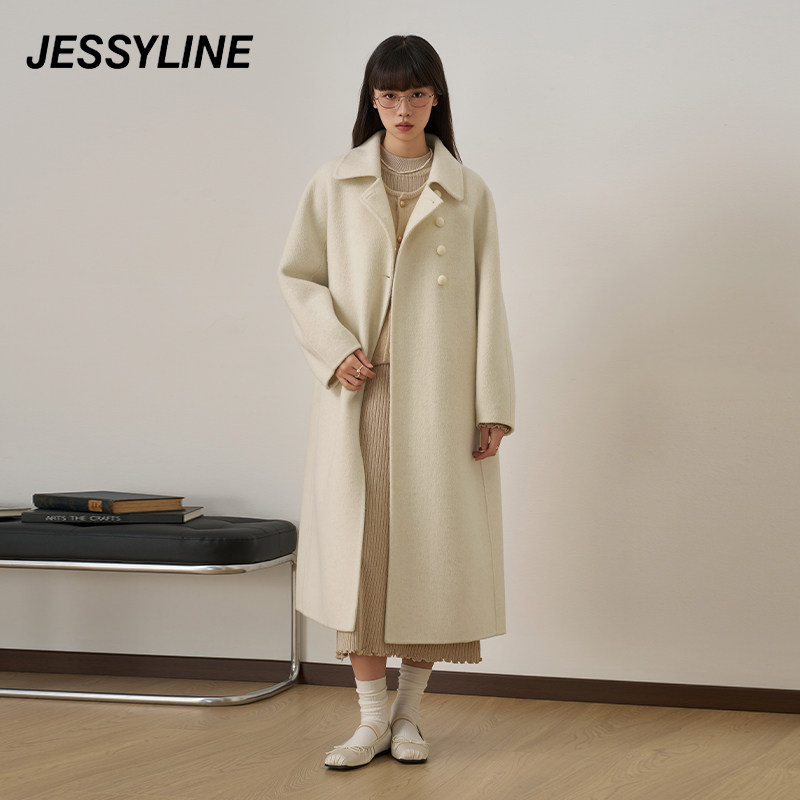 jessyline杰茜莱26新款杏色长款双面羊毛呢外套女秋冬双排扣大衣