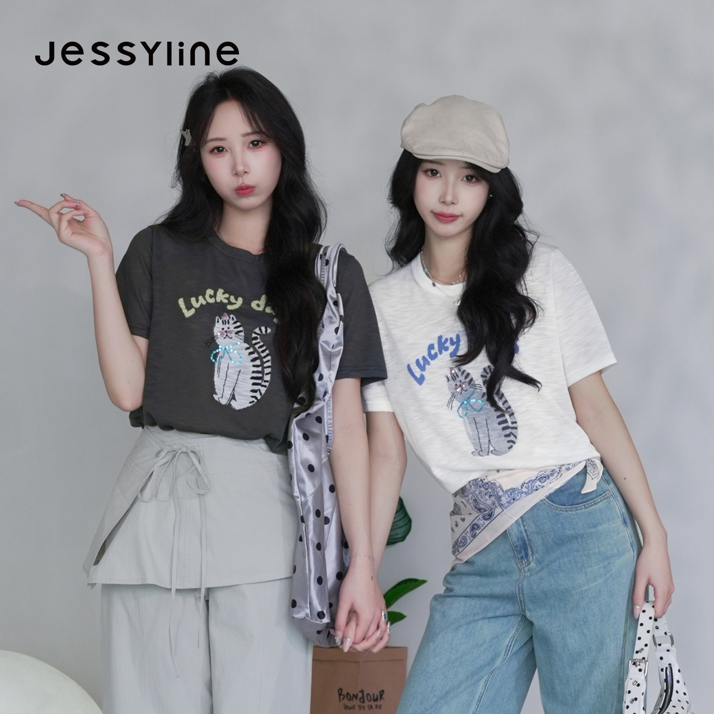 jessyline杰茜莱2026新款猫咪短袖针织衫女夏季宽松百搭减龄上衣