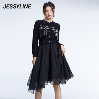 2折特卖款 jessyline女装冬季专柜新款 杰茜莱黑色假两件连衣裙女