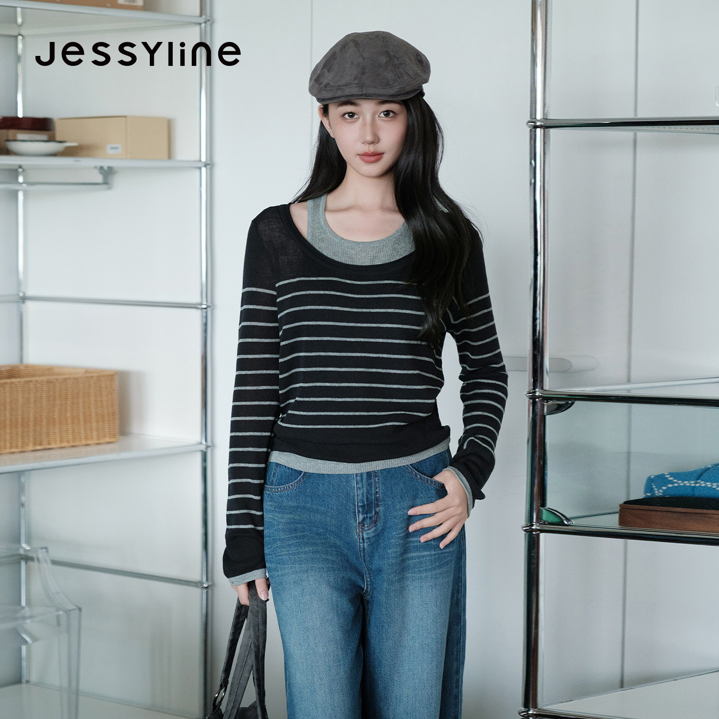 jessyline杰茜莱2026秋冬新款条纹假两件套头针织衫女装百搭毛衣