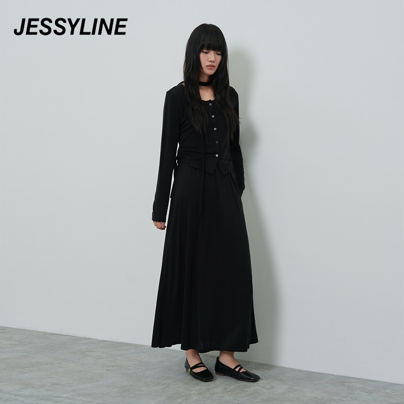 jessyline春秋季新款 杰茜莱时尚黑色上衣半身裙两件穿搭套装女潮