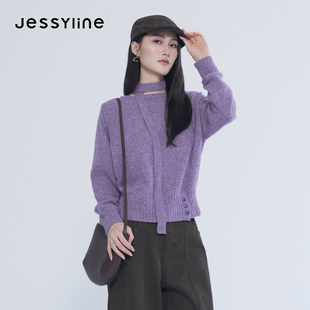 jessyline杰茜莱2026秋冬新款慵懒风紫色套头针织衫女装显瘦毛衣