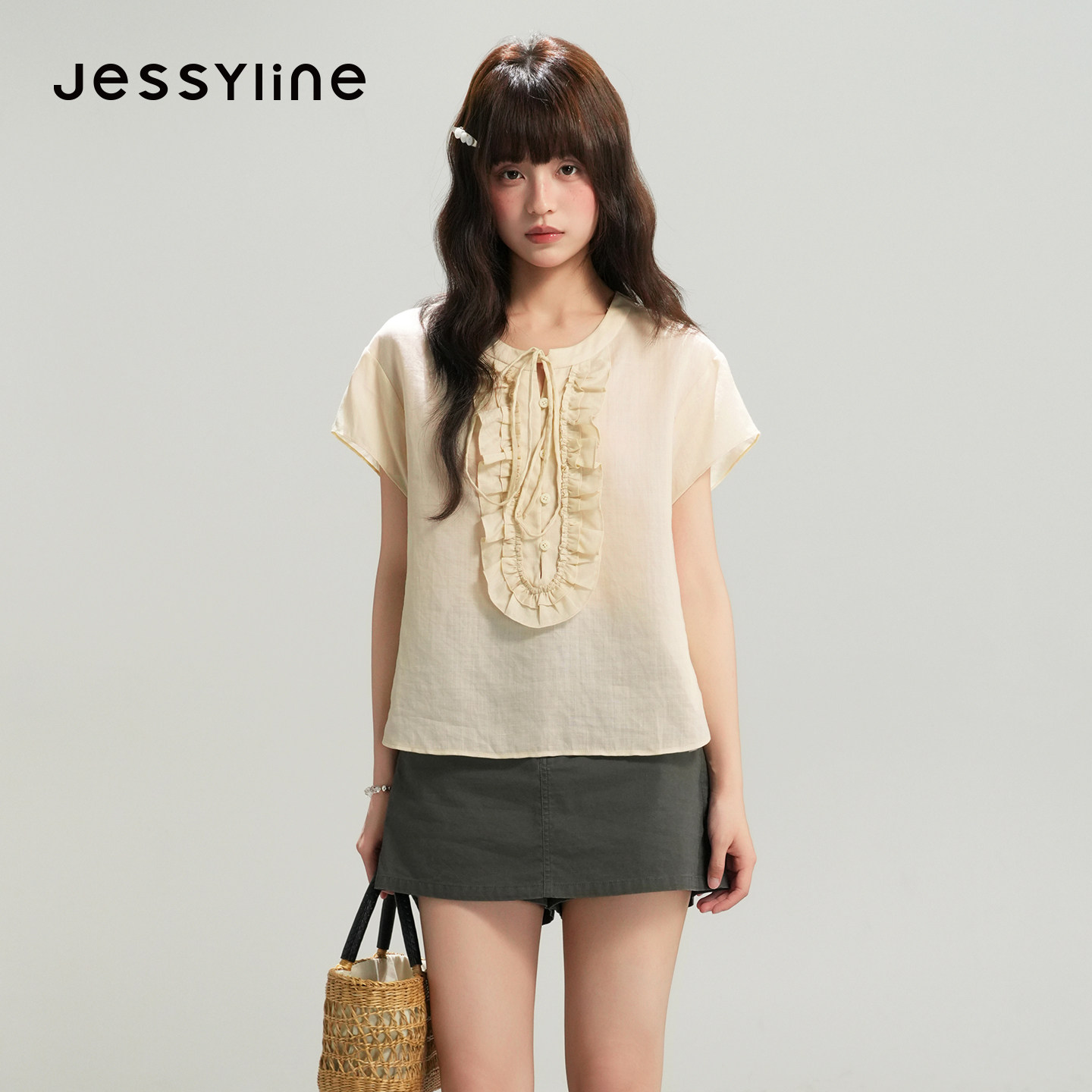 jessyline杰茜莱2026夏新款少女感荷叶边绑带衬衫女黄色显瘦上衣