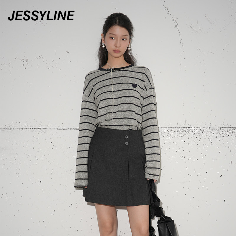jessyline杰茜莱2026秋冬新款条纹显瘦长袖T恤女灰色休闲百搭上衣