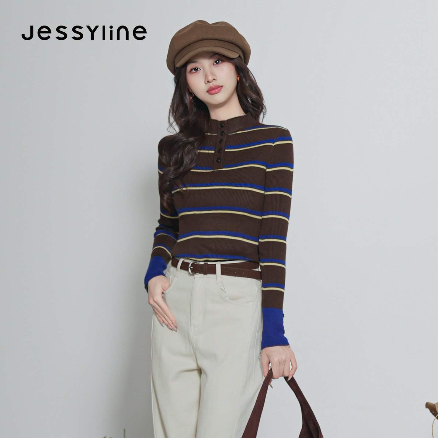 jessyline杰茜莱2026秋冬新款撞色条纹针织衫女立领修身显瘦毛衣