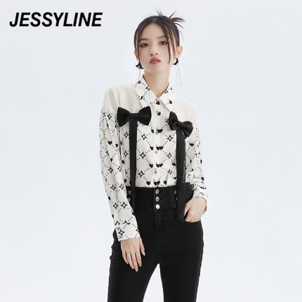 2折特卖款 jessyline女装秋季专柜新品 杰茜莱白色印花蝴蝶结衬衣