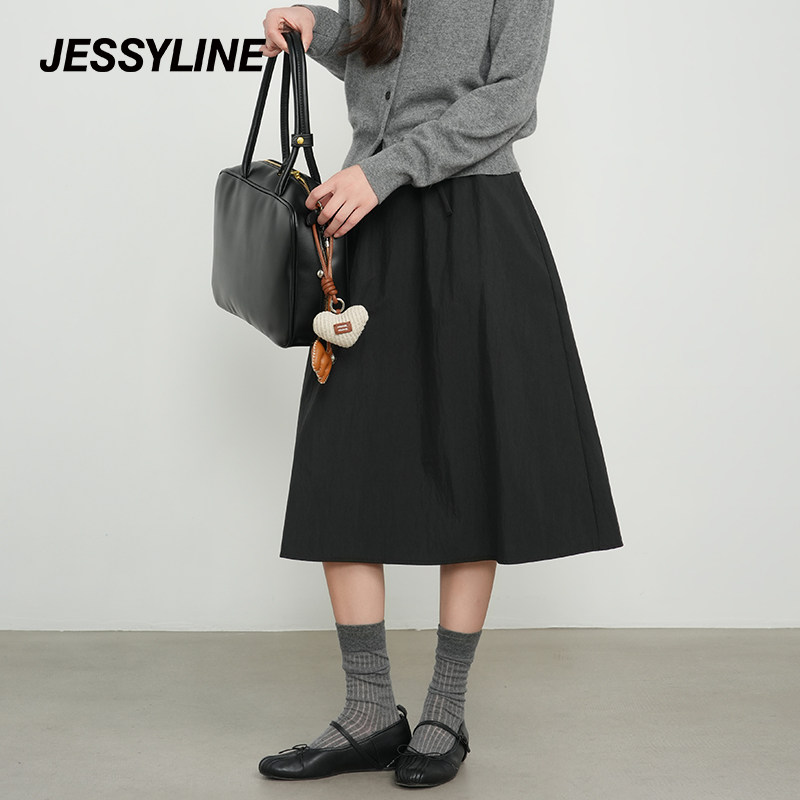 杰茜莱黑色显瘦半身裙女春秋季新款高腰a字中长款裙子 jessyline