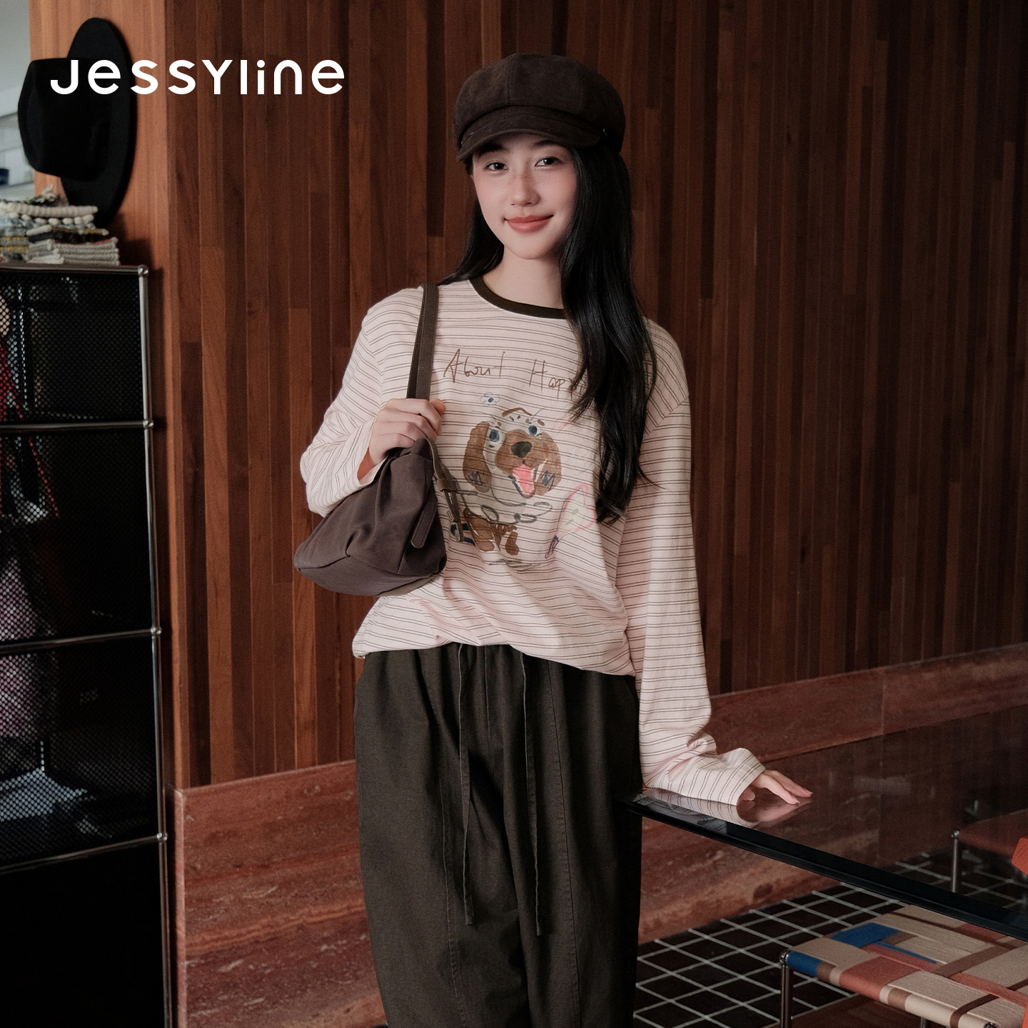 jessyline杰茜莱2026秋新款粉色卡通印花长袖T恤女松弛感条纹上衣