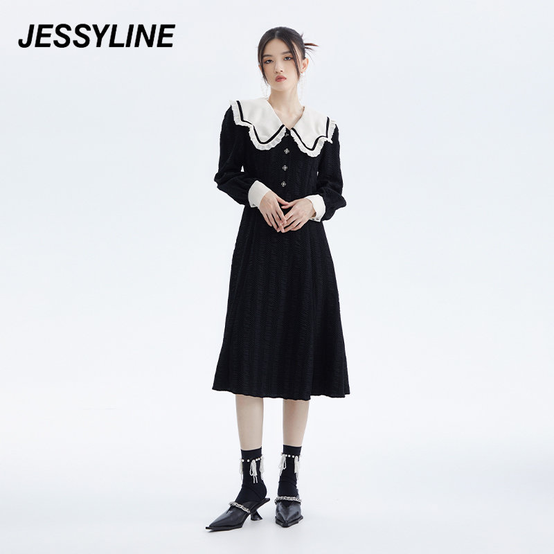 2折特卖款 jessyline气质穿搭裙子 杰茜莱时尚娃娃领中长款连衣裙 女装/女士精品 连衣裙 原图主图