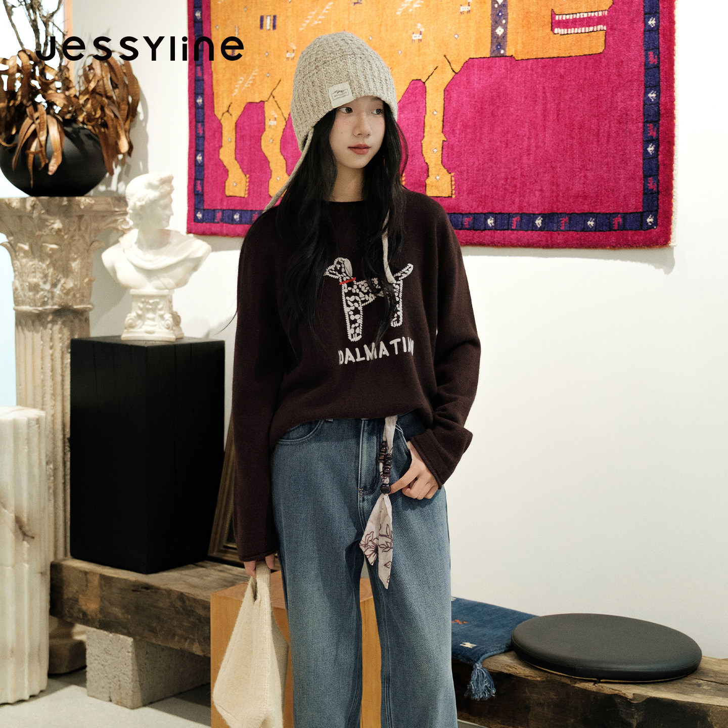 jessyline杰茜莱2026秋冬新款慵懒风绵羊毛针织衫女百搭套头毛衣