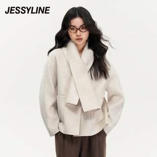 新款 小个子大衣 春秋季 杰茜莱米白色双面羊毛呢外套女装 jessyline