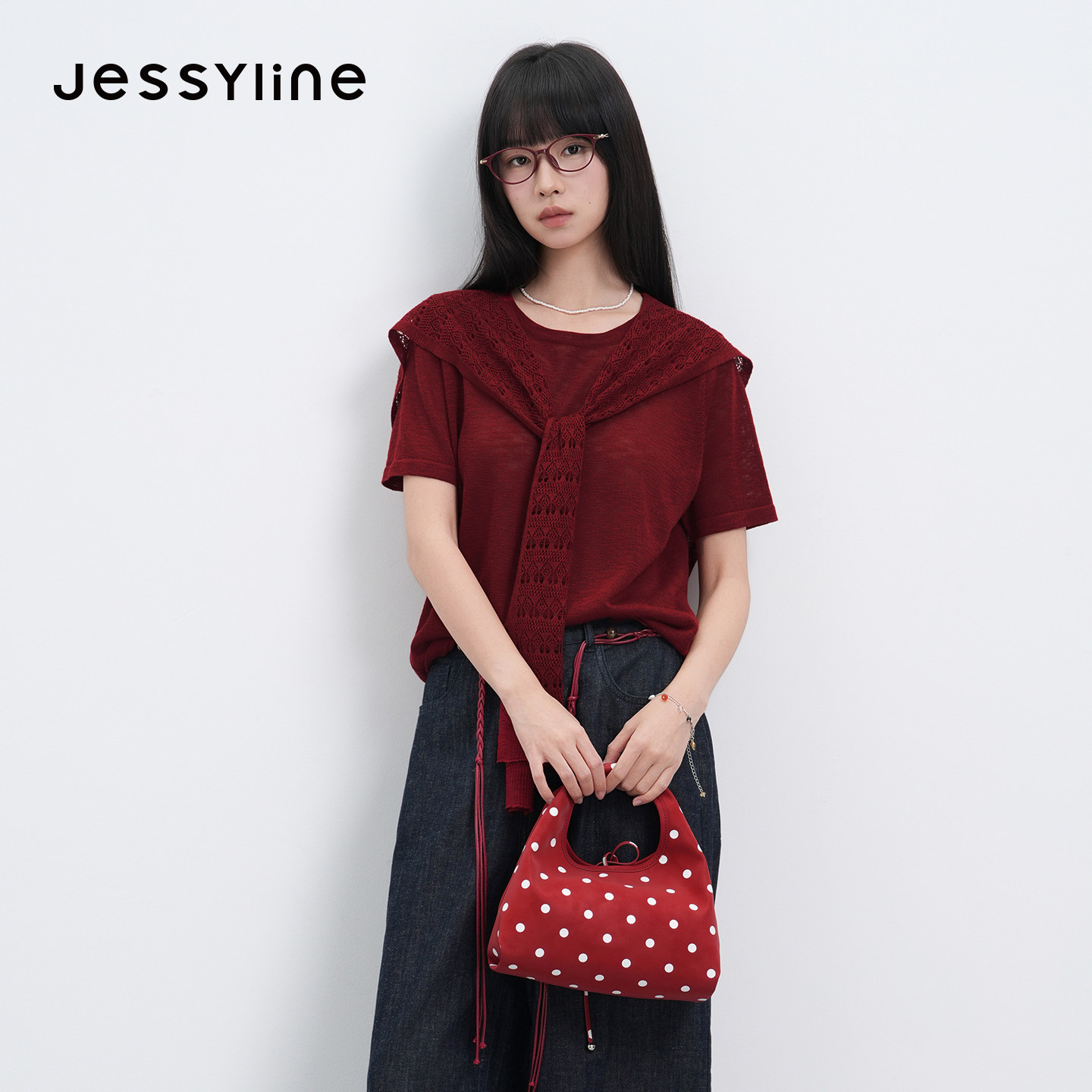 jessyline2026夏季专柜新款 杰茜莱红色披肩穿搭针织衫 622204162