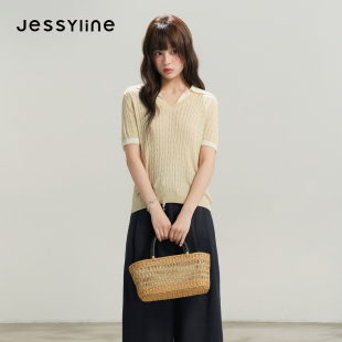 jessyline杰茜莱2026夏季新款假两件短袖薄款针织衫女小个子上衣