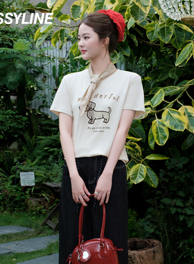 jessyline杰茜莱春夏新款字母可爱小狗减龄短袖T恤女小个子上衣潮