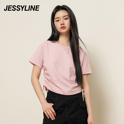 杰茜莱粉色百搭短袖T恤女2024春夏新短款灰色圆领上衣 jessyline