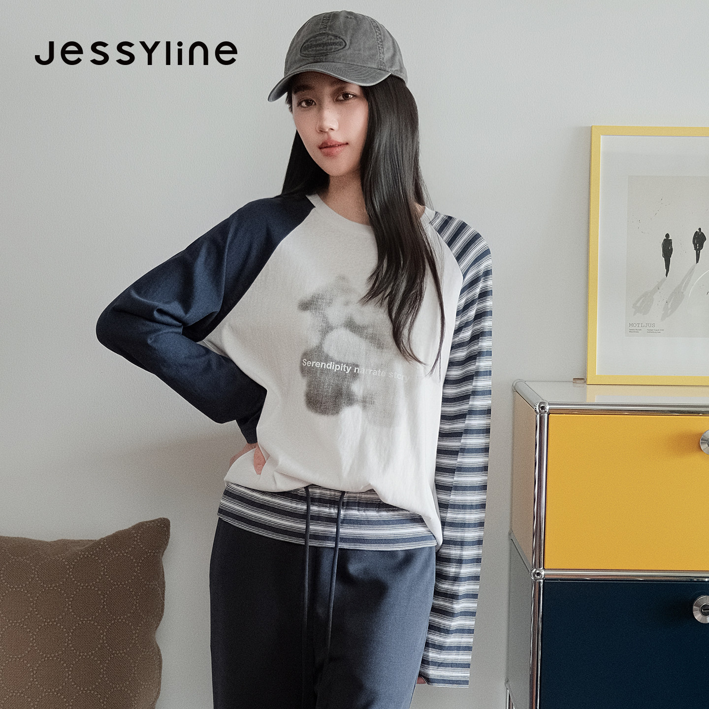 jessyline杰茜莱撞色插肩袖减龄长袖T恤女休闲慵懒风显瘦百搭上衣