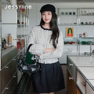 jessyline杰茜莱2026秋新款格子长袖荷叶边泡泡袖衬衫女短款上衣