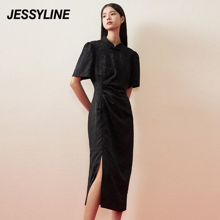 jessyline杰茜莱2024夏季新款黑色新中式收腰显瘦气质短袖连衣裙