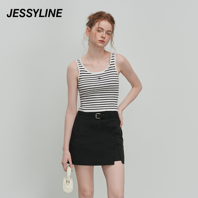 jessyline绝美春夏季新款 杰茜莱黑白条纹修身显瘦短款针织背心女
