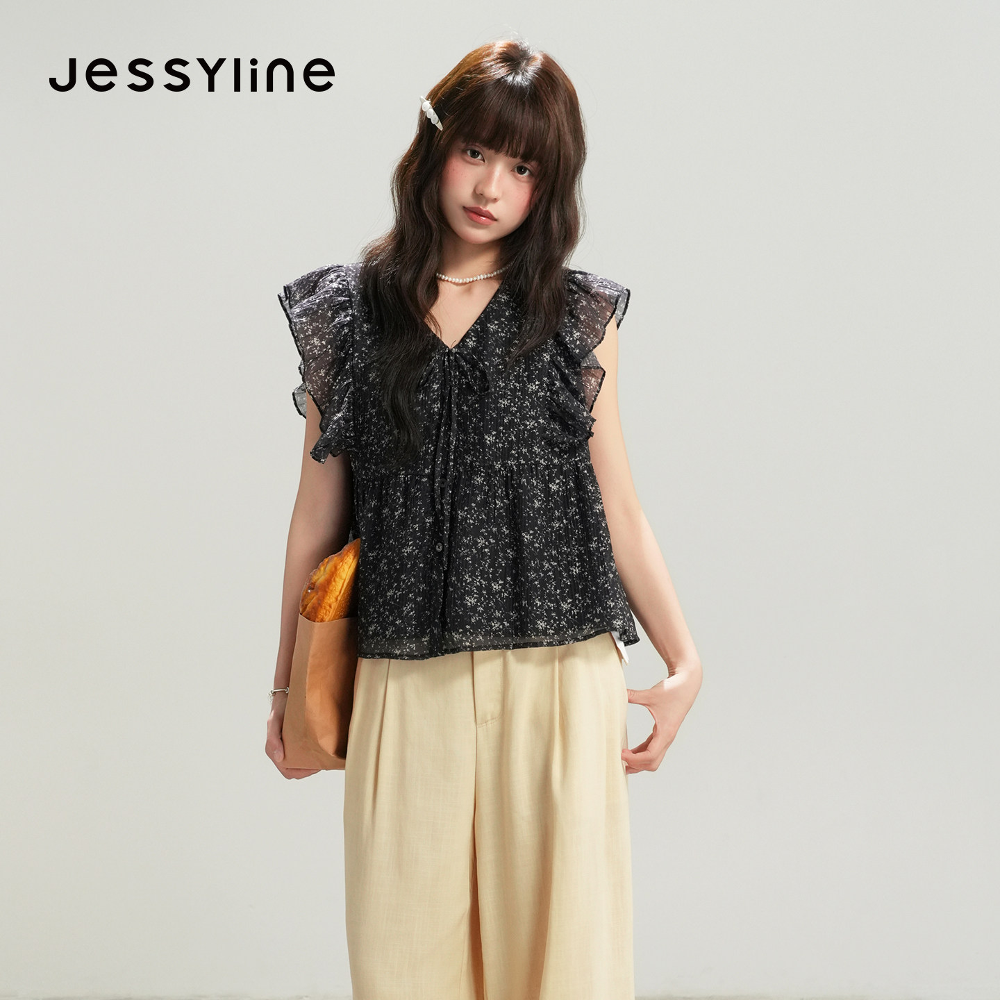 jessyline杰茜莱2026夏新款法式浪漫风V领小碎花荷叶边雪纺衬衫女