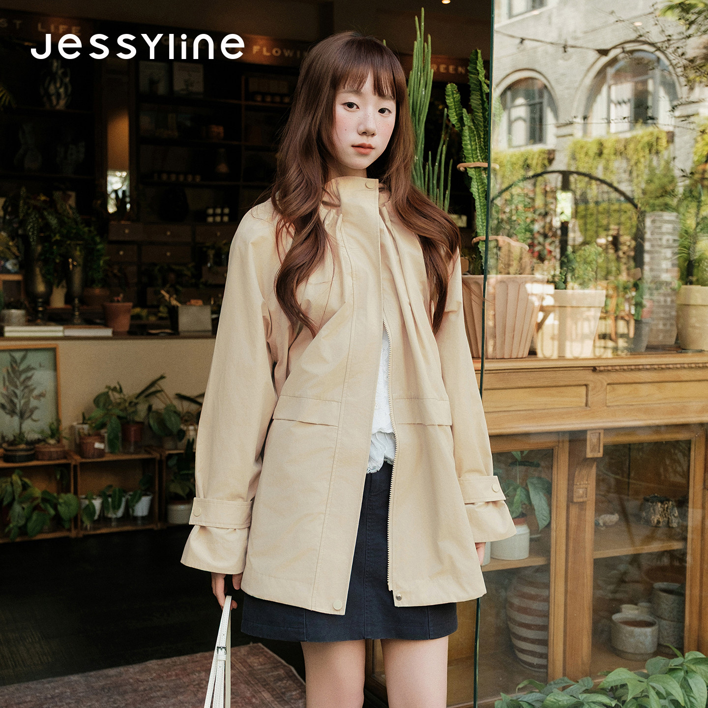 jessyline杰茜莱2026秋新款慵懒风廓形宽松显瘦中长款风衣女外套