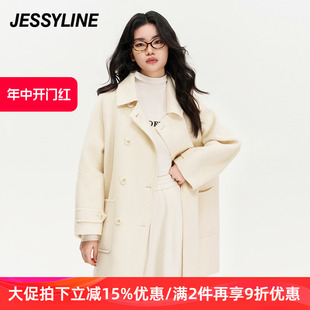 新款 绵羊毛外套潮 秋冬季 杰茜莱奶白色双面呢子大衣女装 jessyline