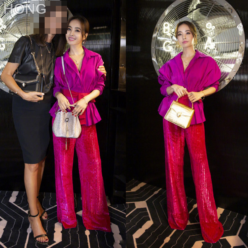 蔡依林倪妮ins同款玫红色衬衫女系带衬衣+丝绒直筒阔腿裤套装潮